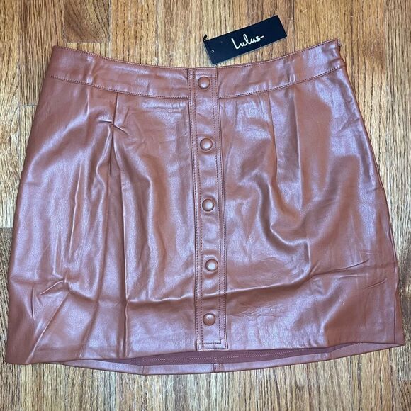 Lulus Most Fab Brown Vegan Leather Button-Front Mini Skirt Size Small - Picture 11 of 13